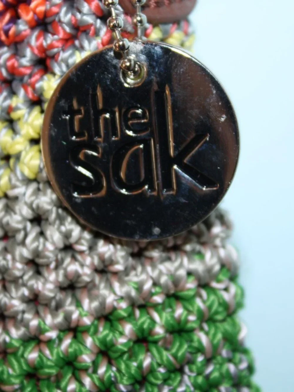 The Sak Small Rainbow Striped Bohemian Crochet Shoulder Purse Zip Top Red Lining